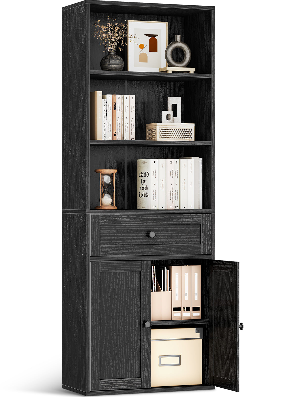 KKL Bookshelf and Bookcase with Doors, Floor Standing 6-Tier Shelf Display Storage Shelves, Tall Bookcases for Home Office, Living Room, Black