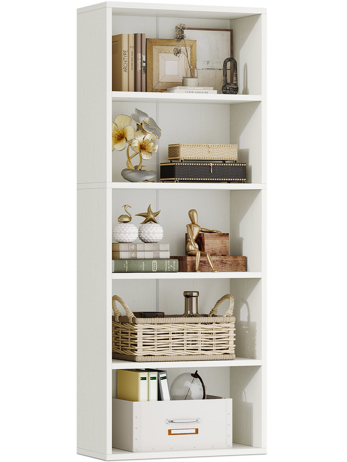 KKL 7 Tier Bookshelf, Tall Geometric Bookcase with Fabric Drawers, Modern Display Book Shelves Book Case for Living Room Bedroom, Wood Decorative Standing Shelving Unit for Home Office, White