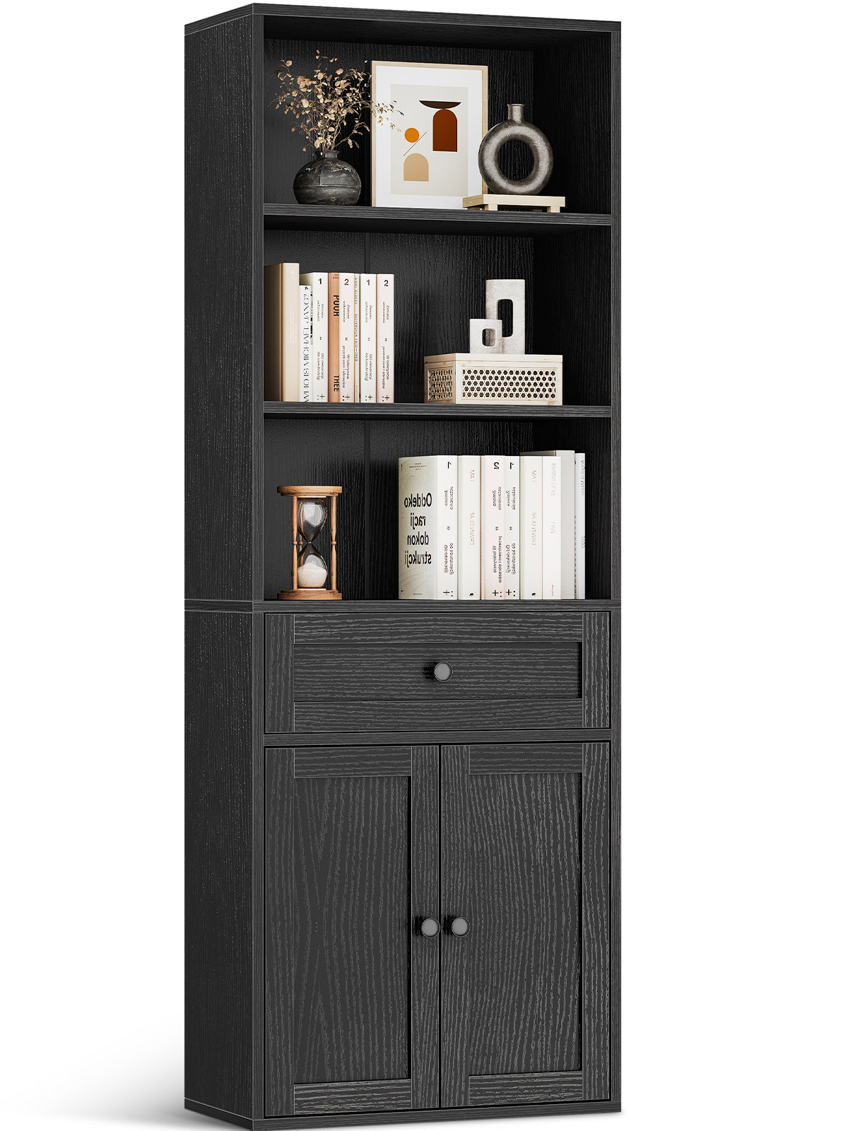 KKL Bookshelf and Bookcase with Doors, Floor Standing 6-Tier Shelf Display Storage Shelves, Tall Bookcases for Home Office, Living Room, Black