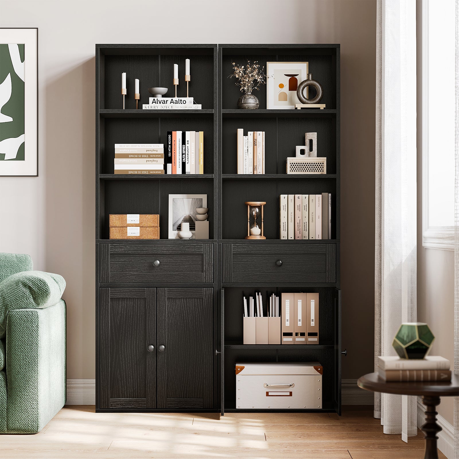 KKL Bookshelf and Bookcase with Doors, Floor Standing 6-Tier Shelf Display Storage Shelves, Tall Bookcases for Home Office, Living Room, Black