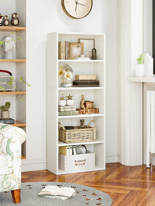 KKL 7 Tier Bookshelf, Tall Geometric Bookcase with Fabric Drawers, Modern Display Book Shelves Book Case for Living Room Bedroom, Wood Decorative Standing Shelving Unit for Home Office, White