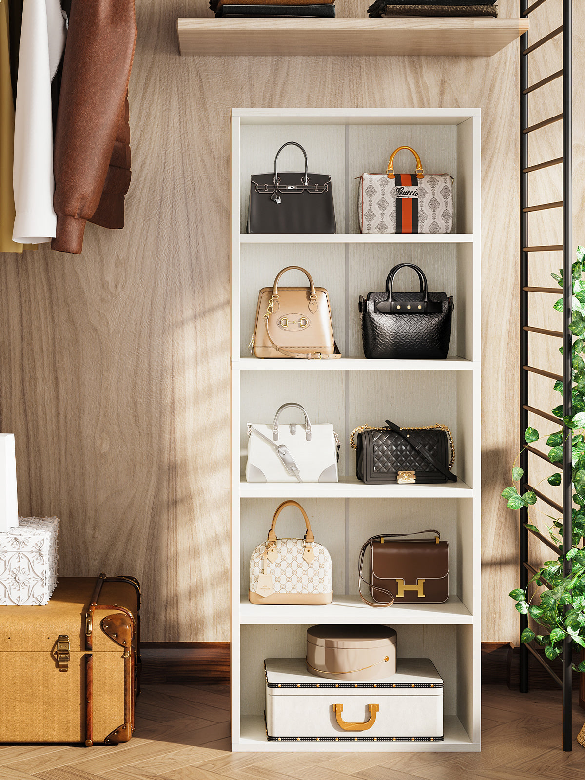 KKL 7 Tier Bookshelf, Tall Geometric Bookcase with Fabric Drawers, Modern Display Book Shelves Book Case for Living Room Bedroom, Wood Decorative Standing Shelving Unit for Home Office, White