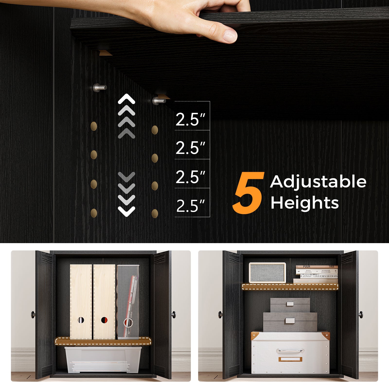 KKL Bookshelf and Bookcase with Doors, Floor Standing 6-Tier Shelf Display Storage Shelves, Tall Bookcases for Home Office, Living Room, Black