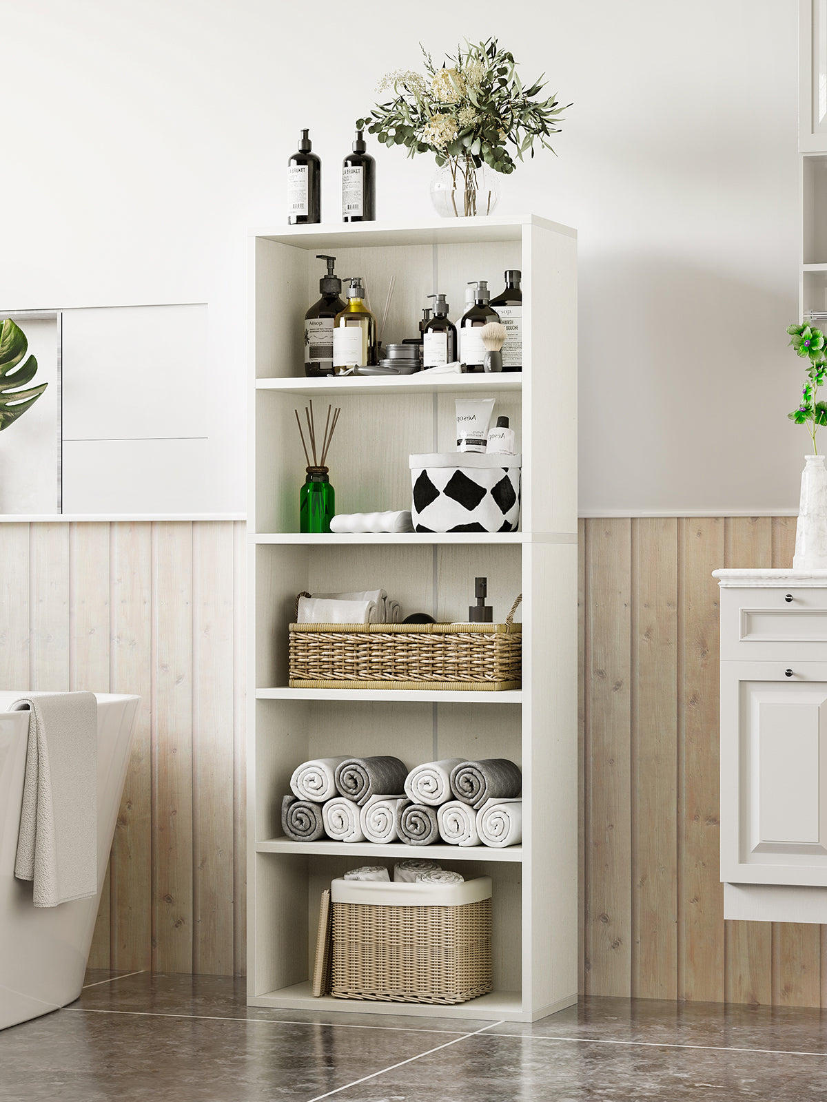 KKL 7 Tier Bookshelf, Tall Geometric Bookcase with Fabric Drawers, Modern Display Book Shelves Book Case for Living Room Bedroom, Wood Decorative Standing Shelving Unit for Home Office, White