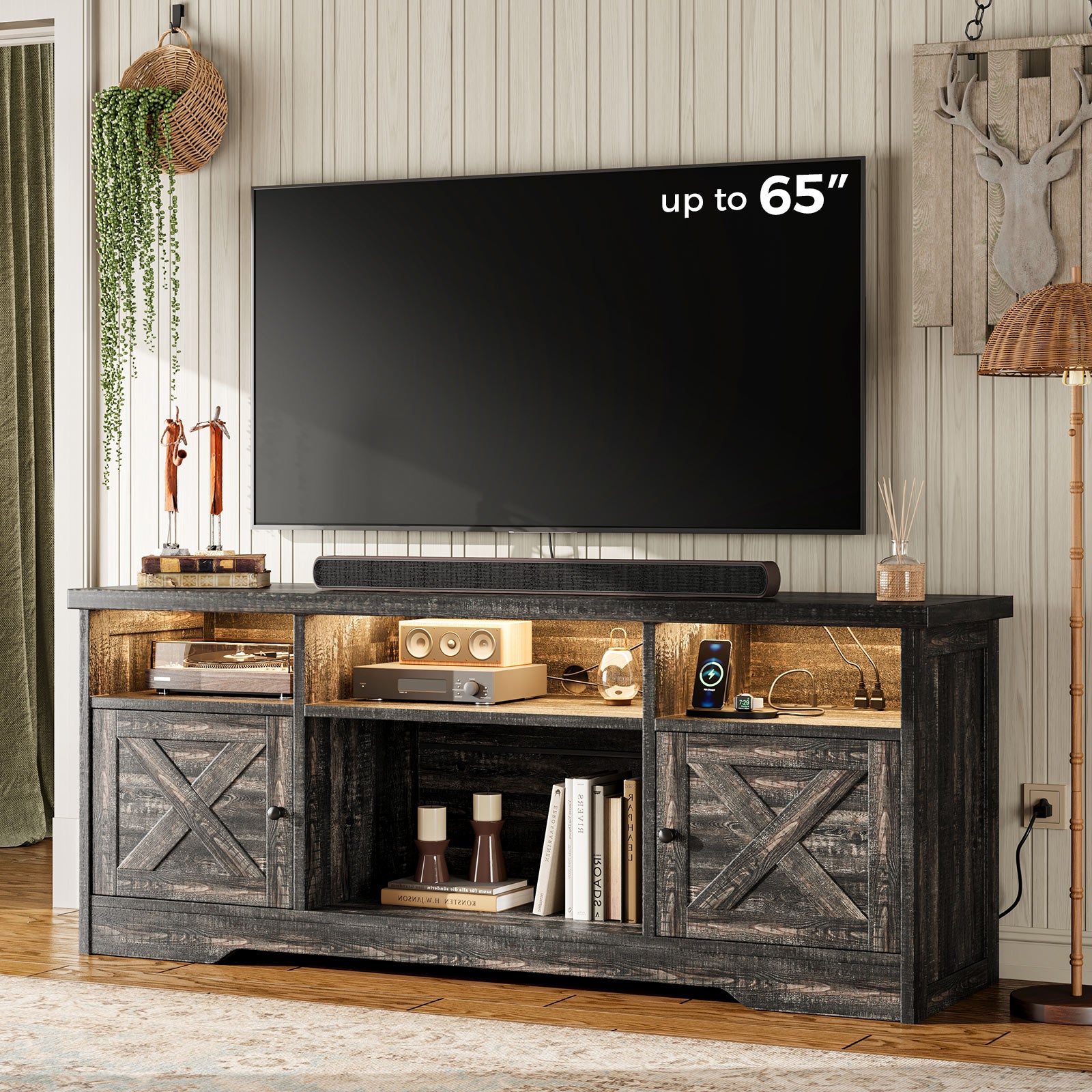 TV Stand for 65 Inch TV, Farmhouse Entertainment Center with Power Outlet & LED Light and Storage Cabinets, Console Table and Media Furniture for Living Room Bedroom, White