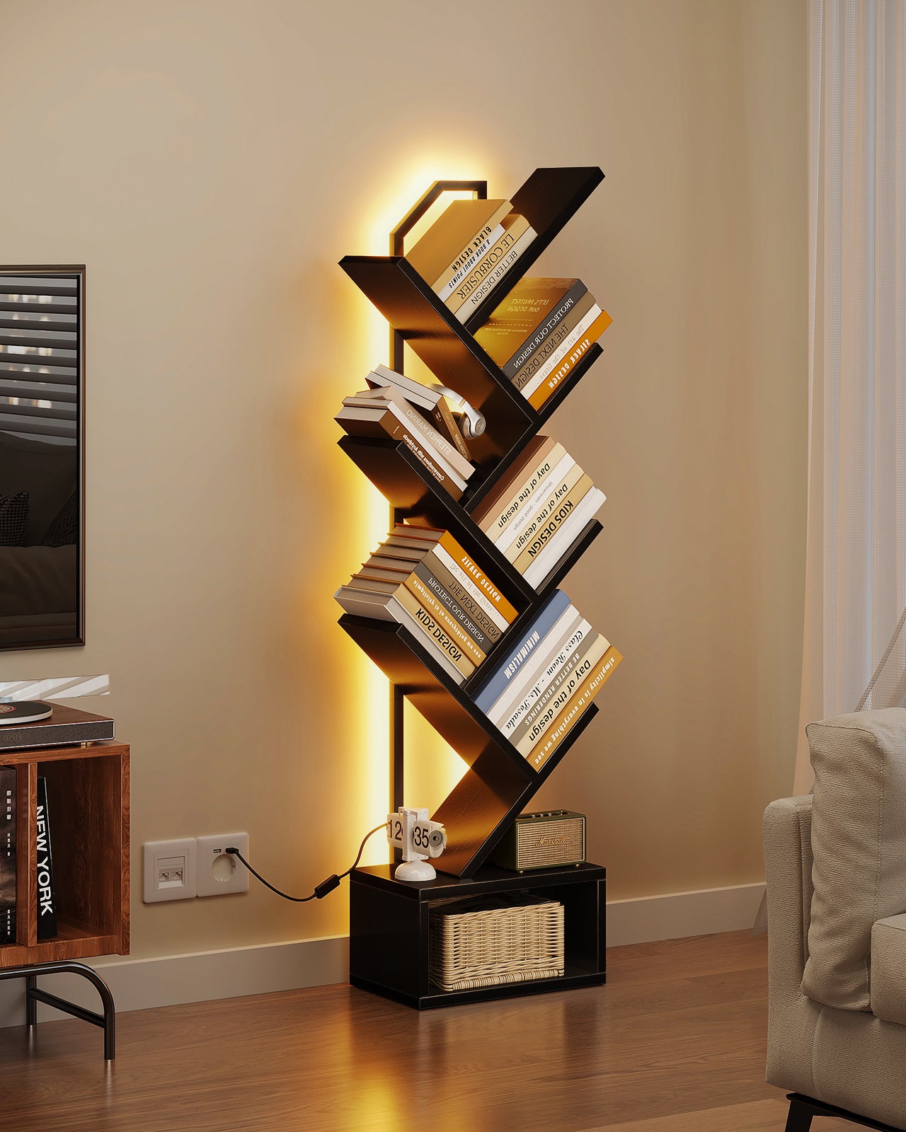 KKL 6-Tier Tree Bookshelf — Narrow Floor Standing Bookcase, Tall Steel & Wood Book Organizer Shelf with Cabinet, Home Decor for Living Room/Bedroom/Home Office, Black