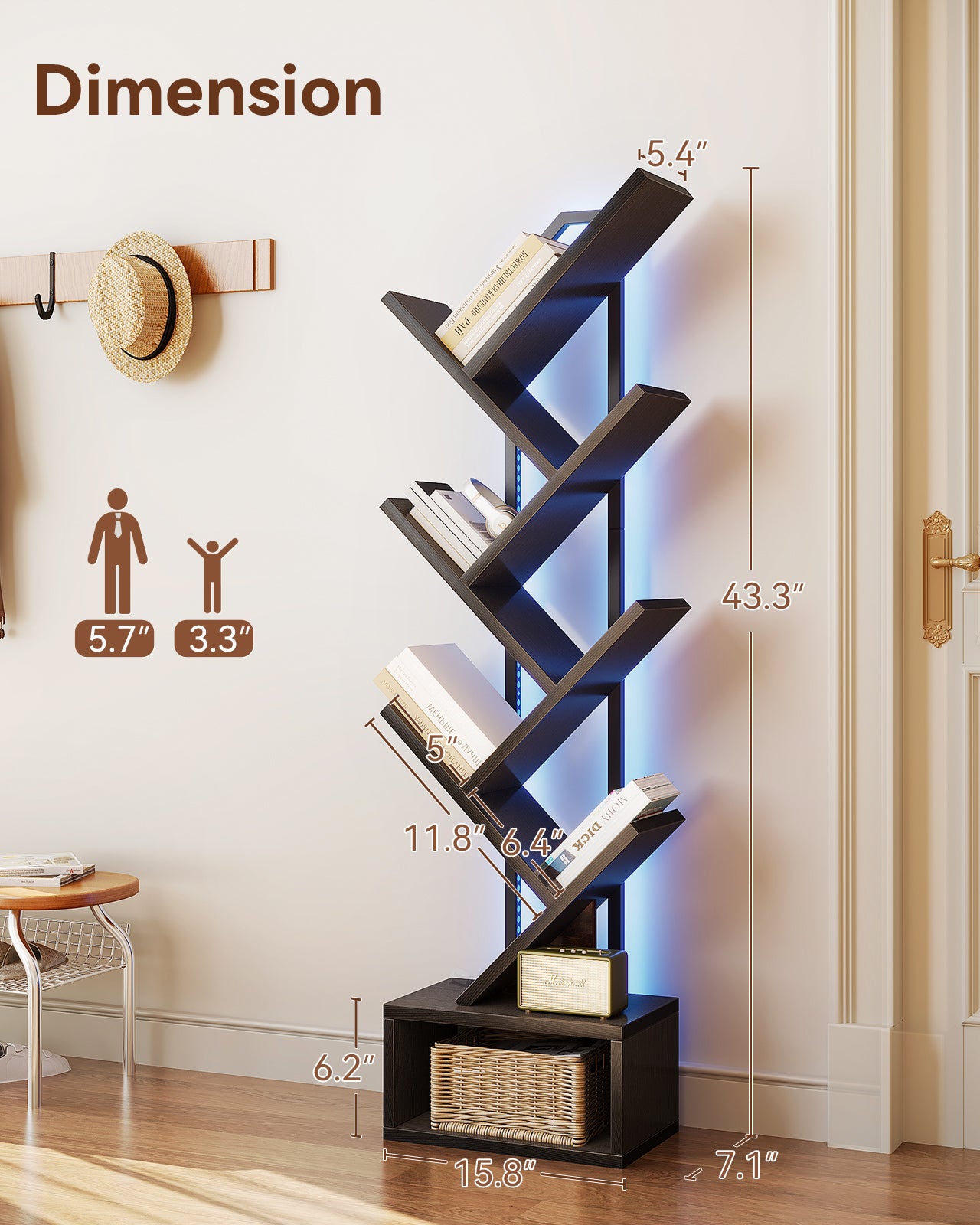 KKL 6-Tier Tree Bookshelf — Narrow Floor Standing Bookcase, Tall Steel & Wood Book Organizer Shelf with Cabinet, Home Decor for Living Room/Bedroom/Home Office, Black