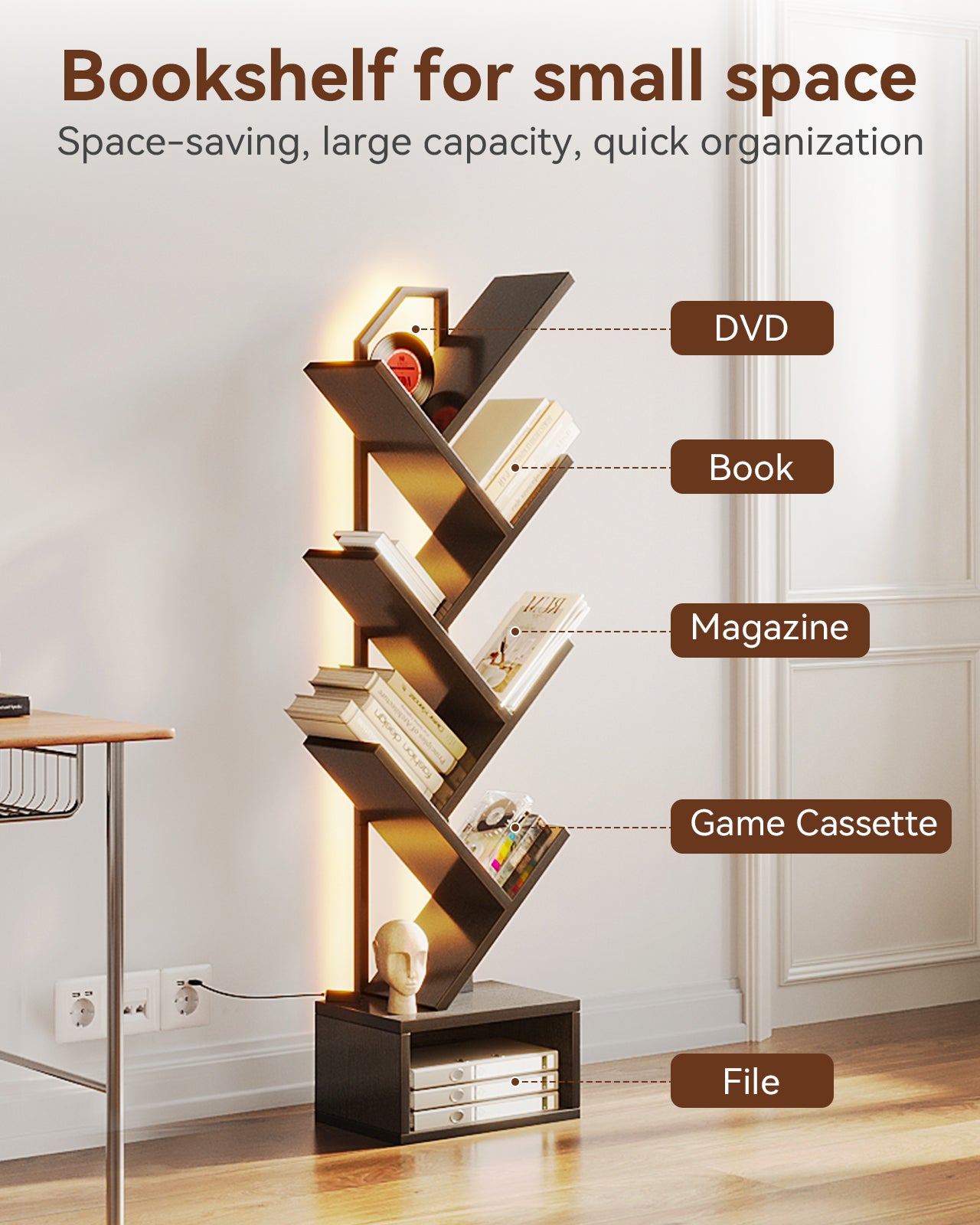 KKL 6-Tier Tree Bookshelf — Narrow Floor Standing Bookcase, Tall Steel & Wood Book Organizer Shelf with Cabinet, Home Decor for Living Room/Bedroom/Home Office, Black