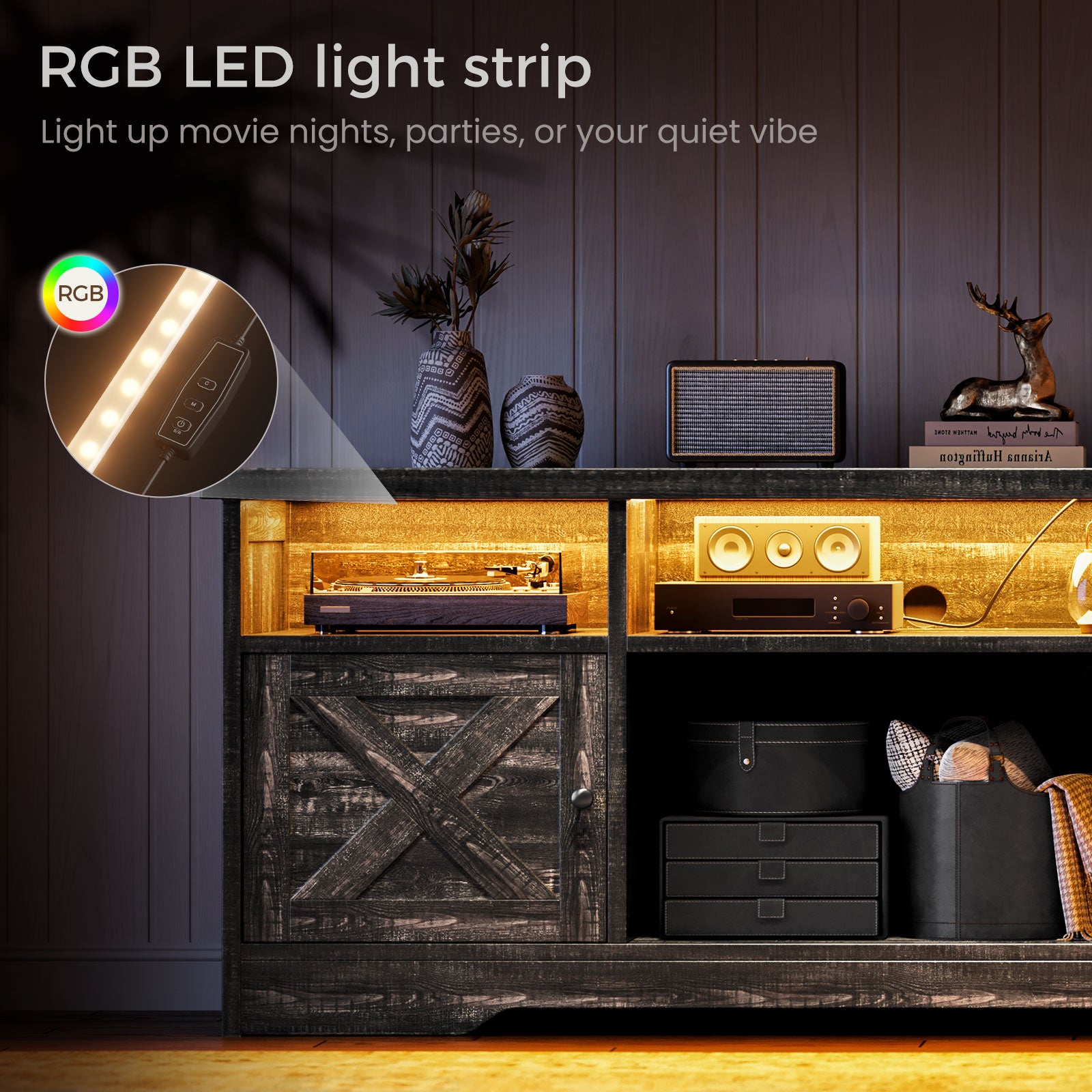 TV Stand for 65 Inch TV, Farmhouse Entertainment Center with Power Outlet & LED Light and Storage Cabinets, Console Table and Media Furniture for Living Room Bedroom, White